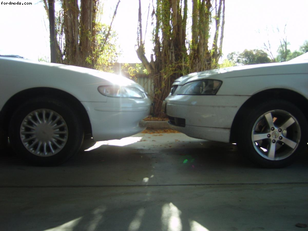My car (EL on the left) In front of dads BA wagon. :-)